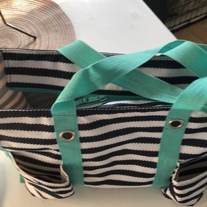 Thirty-one bags zip top Utility Tote navy strips with sky blue side pockets